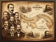 Ilustración histórica de los antecedentes de la separación de Panamá en 1903, con mapa del istmo, ferrocarril transístmico y figuras de la Guerra de los Mil Días.