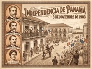 Grabado histórico conmemorativo del 3 de noviembre de 1903 con la multitud ondeando la bandera en la Plaza Mayor de Panamá y medallones con los retratos del Dr. Manuel Amador Guerrero, José Agustín Arango, Federico Boyd y María Ossa de Amador.