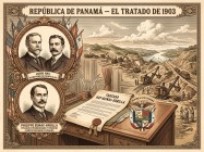 Grabado histórico que conmemora el Tratado Hay-Bunau Varilla de noviembre de 1903, mostrando los retratos de John Hay y Philippe Bunau-Varilla junto al documento del tratado, el escudo de Panamá y las obras de excavación del Canal en el Corte Culebra.