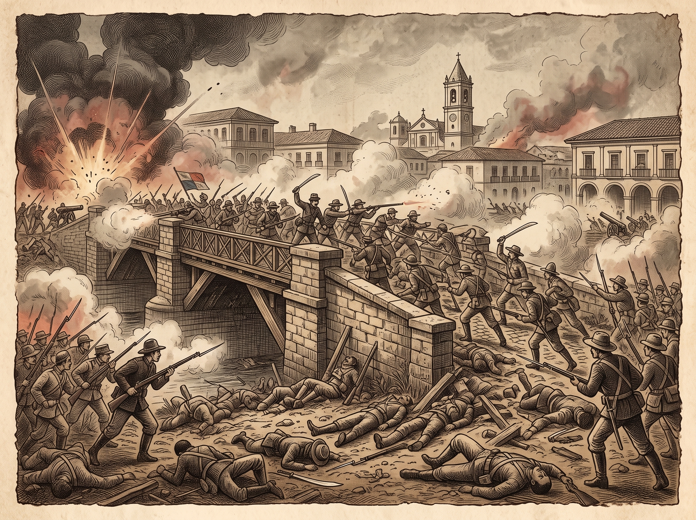 Grabado litográfico de época que ilustra el combate de la Batalla del Puente de Calidonia en julio de 1900 durante la Guerra de los Mil Días en la Ciudad de Panamá.