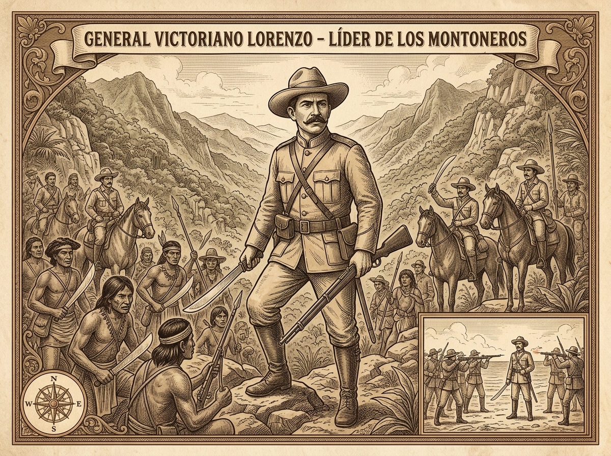 Grabado histórico que representa al General Victoriano Lorenzo al mando de los guerrilleros montoneros en las montañas de Coclé, con una viñeta alusiva a su fusilamiento en 1903.