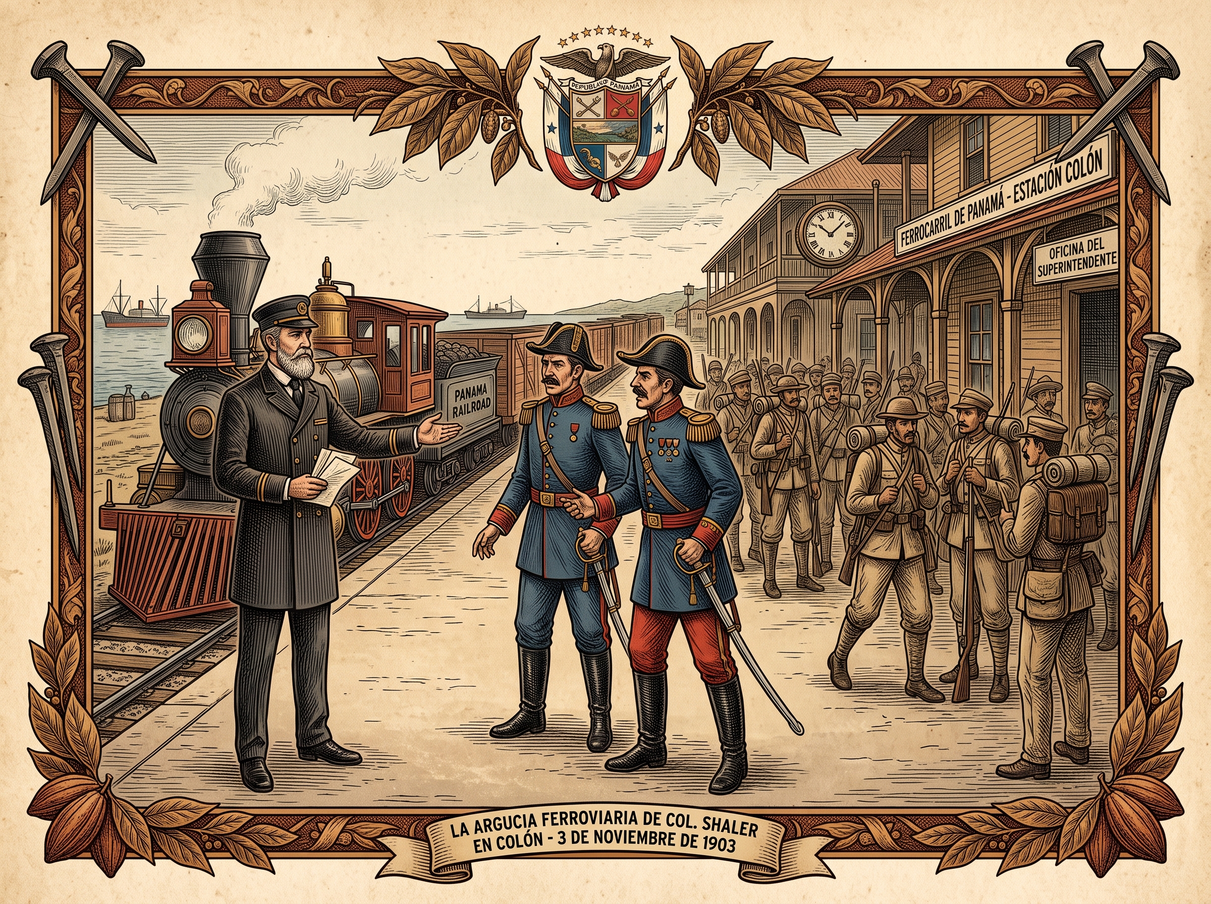 Grabado histórico que representa al coronel James R. Shaler disuadiendo a los generales colombianos Juan B. Tovar y Ramón G. Amaya en la estación del Ferrocarril de Panamá en Colón, mientras retiene al Batallón Tiradores en el andén el 3 de noviembre de 1903.