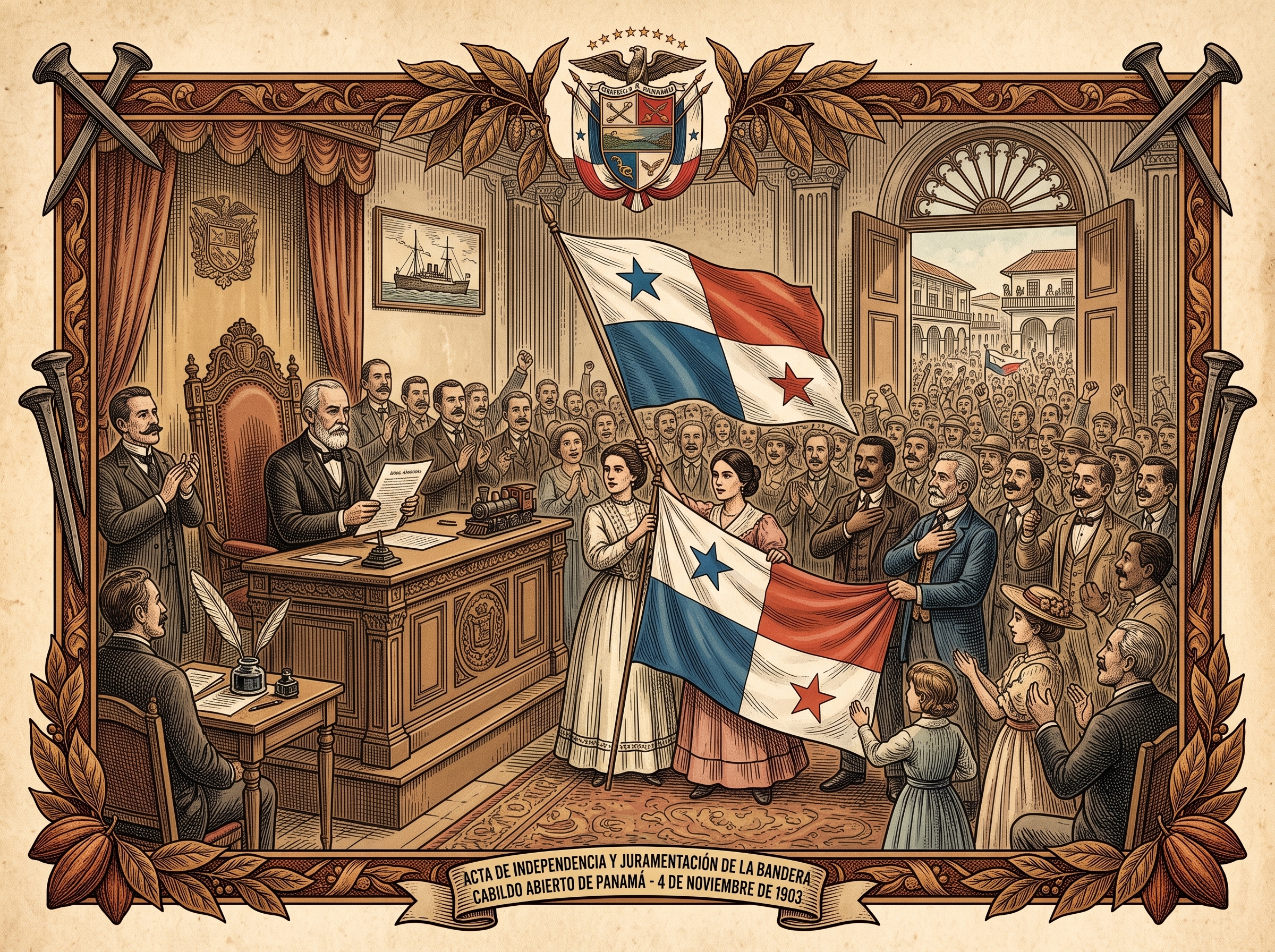 Grabado histórico que ilustra el Cabildo Abierto del 4 de noviembre de 1903, con Demetrio H. Brid presidiendo la proclamación del Acta de Independencia mientras María Ossa de Amador y Angélica Bergamonta de la Ossa presentan la primera bandera de Panamá ante el pueblo y las autoridades.