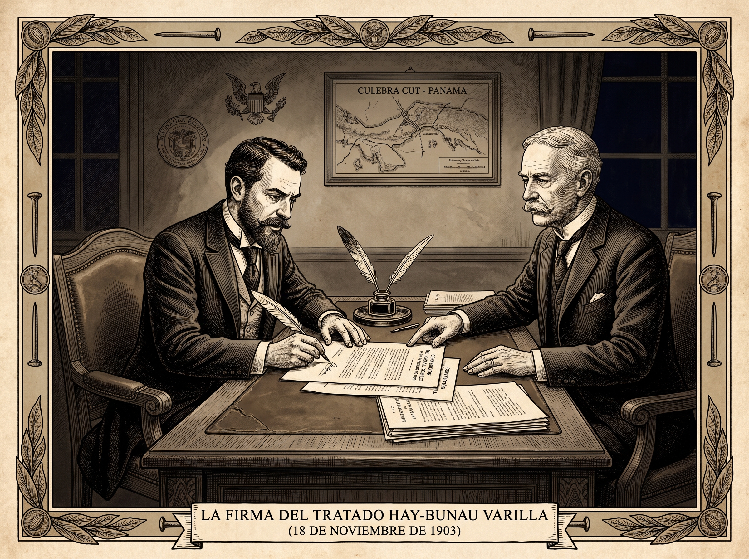 Grabado histórico que representa la firma del Tratado Hay-Bunau Varilla el 18 de noviembre de 1903 en Washington D.C., mostrando al diplomático francés Philippe Bunau-Varilla suscribiendo el documento junto al Secretario de Estado estadounidense John Hay frente al plano del Corte Culebra.