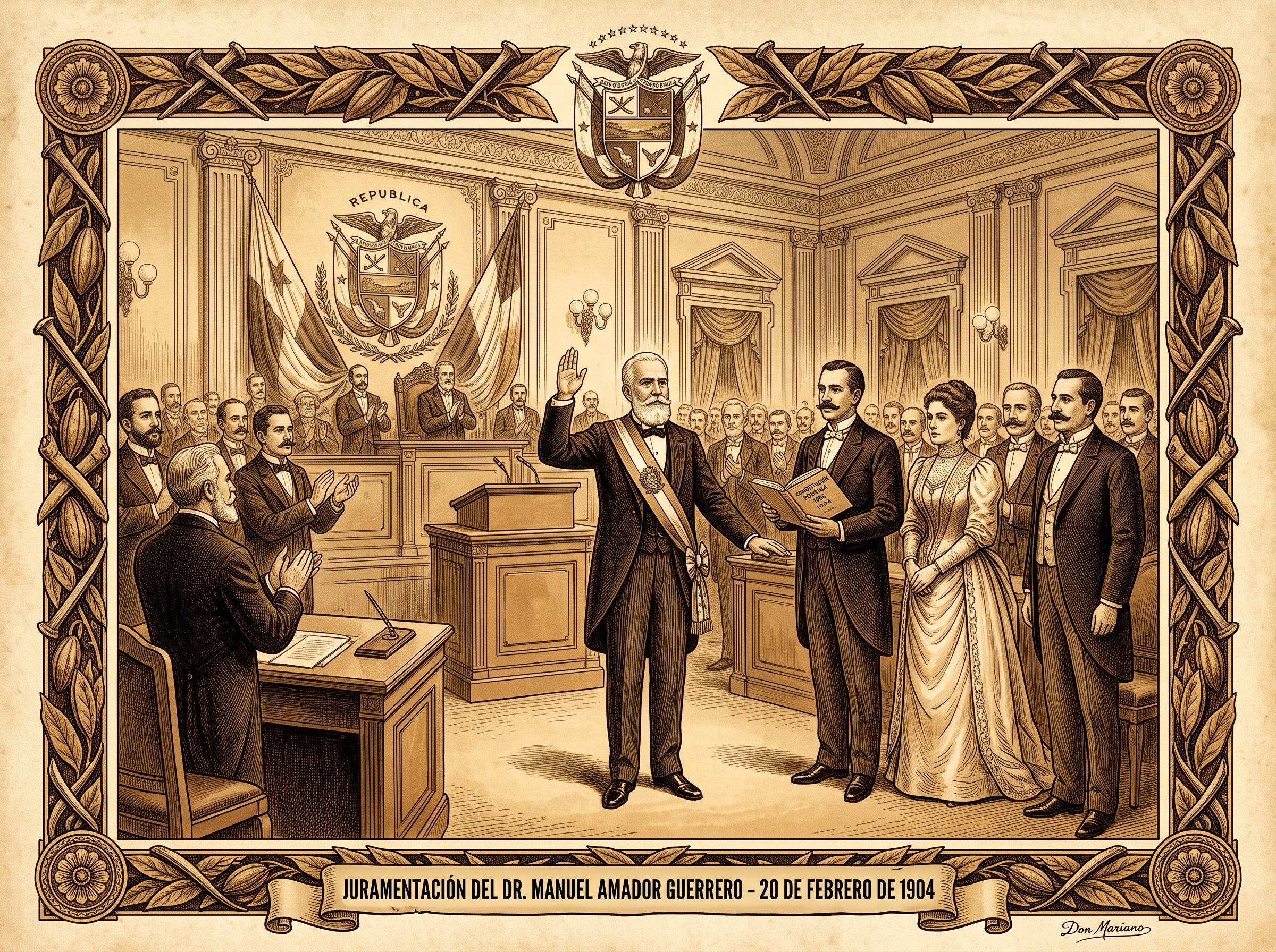 Grabado histórico que representa la juramentación del Dr. Manuel Amador Guerrero como primer Presidente Constitucional de la República de Panamá el 20 de febrero de 1904 ante la Convención Nacional Constituyente, en presencia de Doña María Ossa de Amador y dignatarios del Estado.